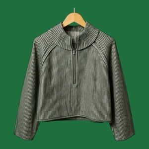 Zenana Two Toned Striped Dark Green Half Zip Semi Cropped Sweater